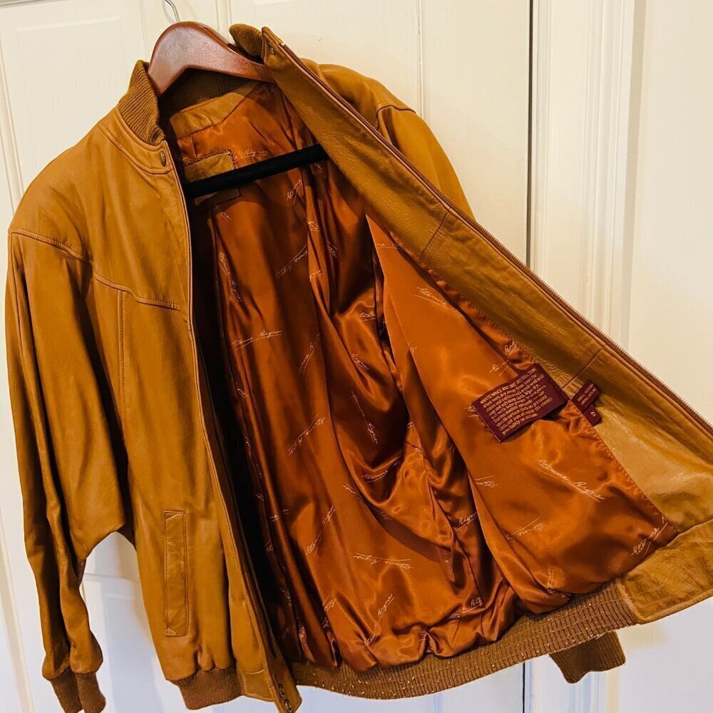 Vintage 80s 90s ETIENNE AIGNER Womens L Leather Bomber Jacket Cognac Brown 12 - Picture 15 of 16
